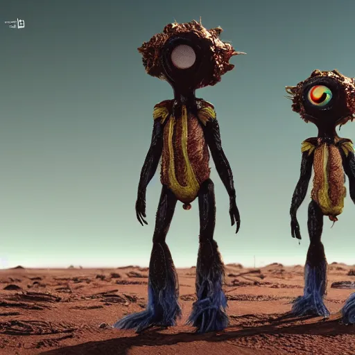 Image similar to 1 9 7 6 synthetic plastic, shiny monsters with large eyes, standing on a martian landscape, cinematic movie scene, inspired by the movie the fifth element and'fraggle rock ', hyperrealistic, fine details, octane render