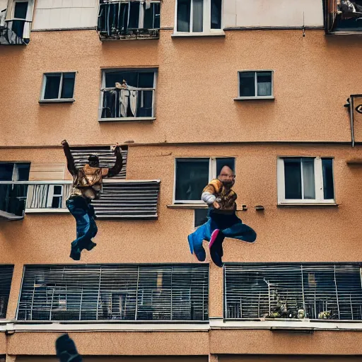 Image similar to dwarfs jumping from balcony, photography