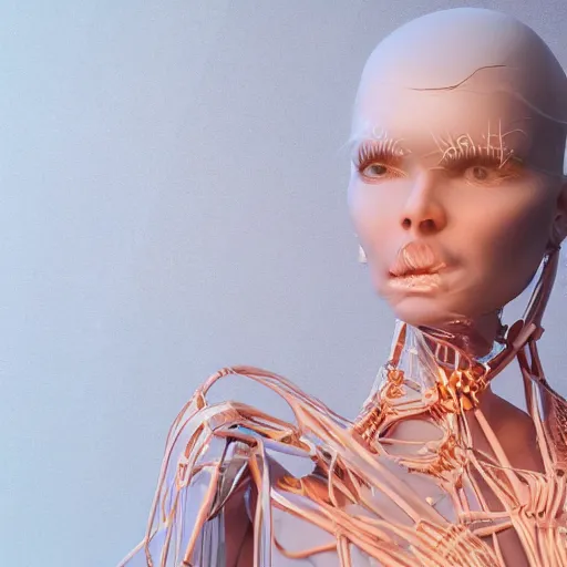 Image similar to photographic stil of beautiful model, a human robot woman, beautiful artificial body with artificial bones and artificial flesh, cables, tubes, westworld style, medium - shot, insanely detailed, photorealistic, beautiful soft light, octane render, by annie leibowtiz