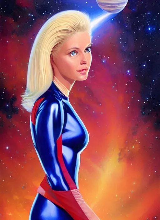 Image similar to portrait of a blonde alien plejaren woman inside a spaceship wearing a space uniform, beautiful face, hyper realistic, highly detailed digital painting by earl norem, artstation illustration co