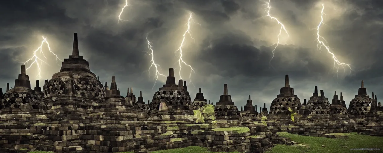 Prompt: most epic dramatic borobudur temple picture with eerie stormy night sky and lightnings. epic cinematic hyperrealism masterpiece. realistic poster with shaded lighting by craig mallismo, artgerm, jeremy lipkin and michael garmash, unreal engine, radiant light, detailed and complex environment, digital art, art station trends