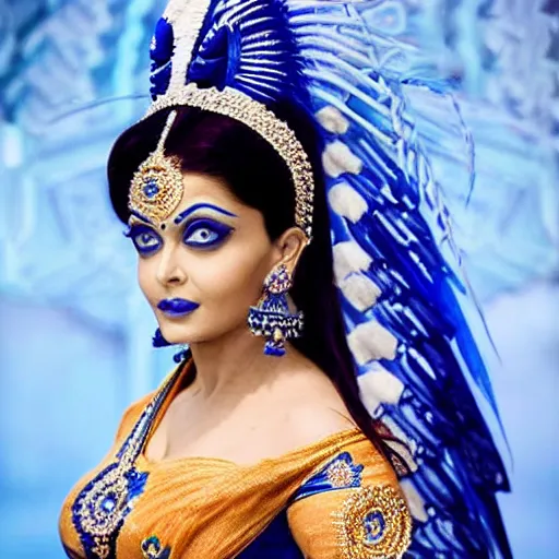 Image similar to aishwarya rai as a blue - skinned indian goddess with six arms, symmetric, aesthetic!!!, cosplay, studio lighting, beautiful symmetric face, clean composition, highly symmetric body parts, gazing eyes, blue skin, blue body paint