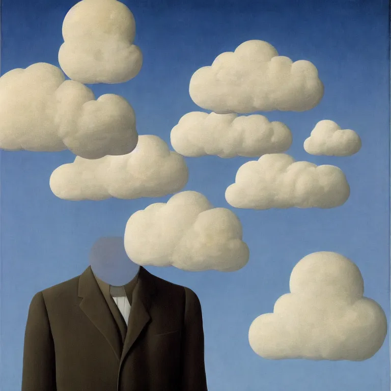 Prompt: portrait of a man whos head is a cloud, by rene magritte, detailed painting, hd, hq, high resolution, high detail, 4 k, 8 k