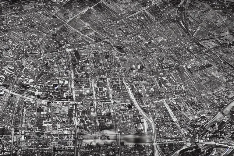 Prompt: steampunk city covered in flames, aerial shot, 120mm black and white photograph,