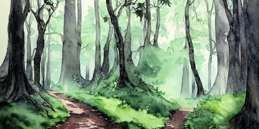 Prompt: path in the forest, leading to a dark cave entrance, exquisite masterpiece watercolor painting, trending on artstation