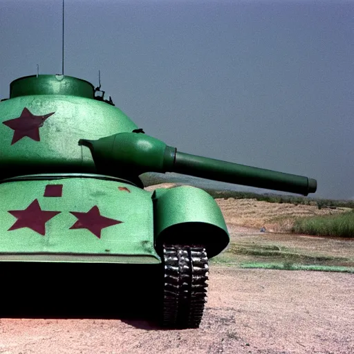 Image similar to the alien is photographed against the background of the t - 3 4 tank, top secret style, realistic photo, cinestill 8 0 0 t, 1 9 7 0 s, color