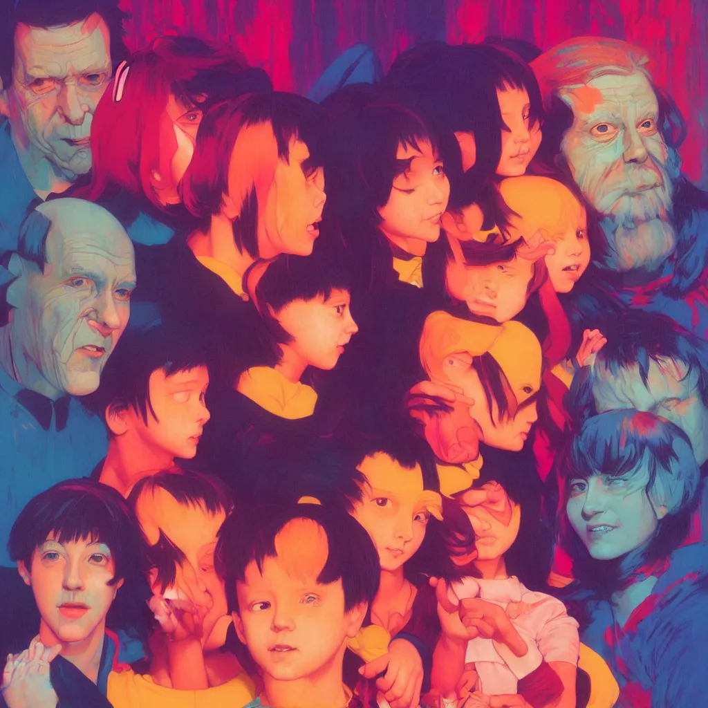 Image similar to bright and vivid portrait of happy family photo, vivid colors, neon, art by ( ( ( kuvshinov ilya ) ) ) and wayne barlowe and francis bacon and artgerm and wlop and william - adolphe bouguereau