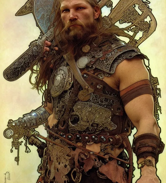 Prompt: realistic detailed face portrait of a grizzled viking warrior in heavy cyberpunk armor by alphonse mucha, ayami kojima, amano, greg hildebrandt, and mark brooks, male, masculine, art nouveau, cyberpunk, neo - gothic, gothic, character concept design