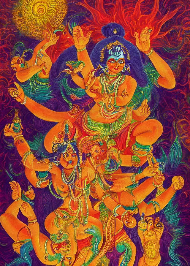 Image similar to Kali deva of the golden blood dance beloved deva, ethereal gnostic mist, award winning oil painting, chromatic aberration surreal colors