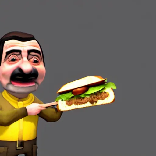 Prompt: mr. bean as heavy n team fortress 2 eating a sandwich. unreal engine, source engine, tf 2, valve