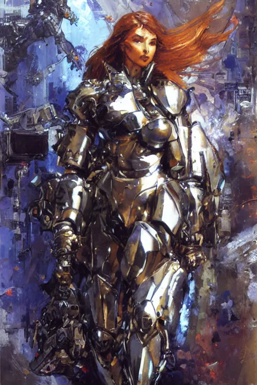 Image similar to full body girl metal armor painting by gaston bussiere, yoji shinkawa