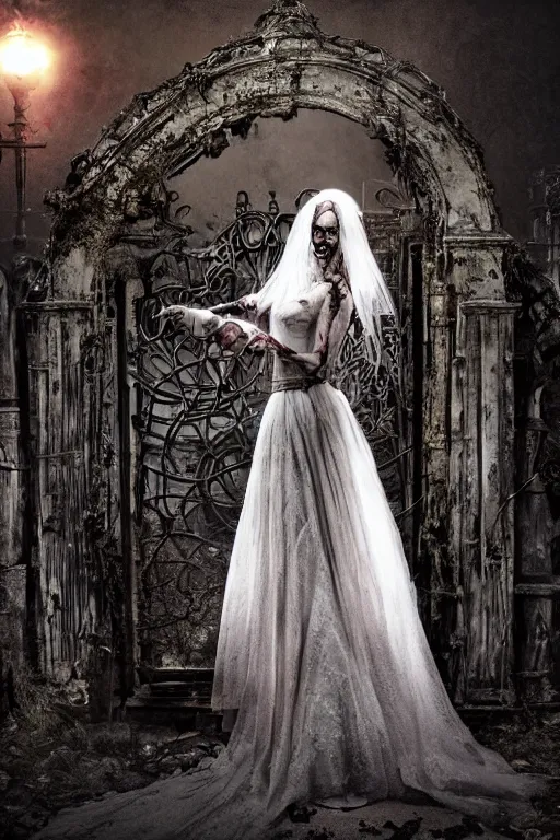 Image similar to a zombie bride with flowing dress and veil at the ornate gate of a decrepit house, night, mist, smoke, scary, spooky, dramatic lighting, moody, style of stephen jones, bernie wrightson, derek riggs, virgil finlay, fantasy, horror, octane render 8 k