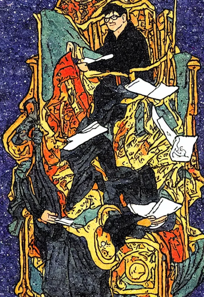 Image similar to Yann LeCun sitting on the throne on a tarot card, illustrated on the Rider–Waite tarot.