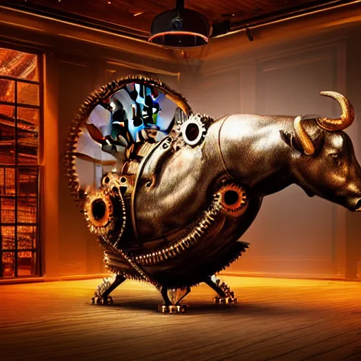 Prompt: a clockwork mechanical bull there are gears sticking out of the bull the room is filled with steam coming from below the floor, ultra high detail, high particle effects, highly reflective surface, realistic reflections