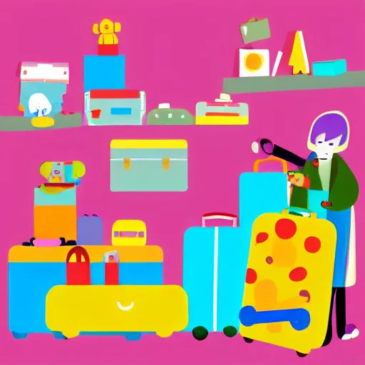 Image similar to a flat vector art scene of an open suitcase sits on a table, the open suitcase contains a vast pile of toys, the pile of toys rises all the way to the ceiling, the pile of toys blocks the background, a woman stands next to the table and suitcase, the woman holds more toys