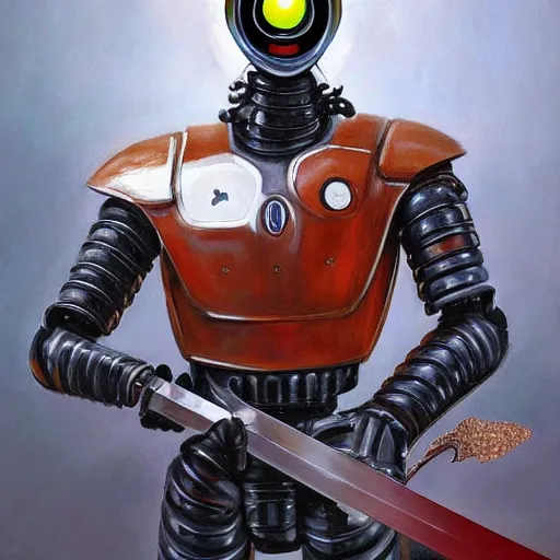 Prompt: a hyperrealistic magnificent robot holding a powerful sword, most beautiful image ever created, emotionally evocative, greatest art ever made, lifetime achievement magnum opus masterpiece, the most amazing breathtaking image with the deepest message ever painted, a thing of beauty beyond imagination or words