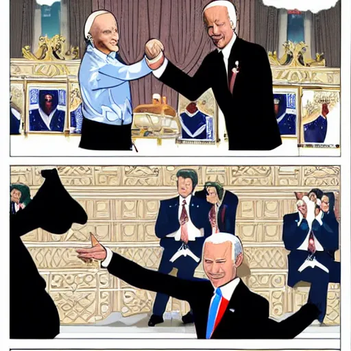 Prompt: action sequence between Putin and Biden as manga art by Toyotarou