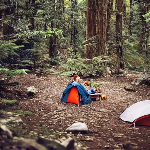 Prompt: photo of Calvin and Hobbes camping in the forest