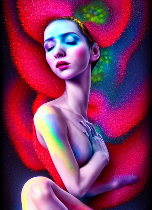 Image similar to hyper detailed 3d render like a chiariscuro Oil painting with focal blur - Aurora (Singer) looking adorable and seen in dynamic pose joyfully Eating of the Strangling network of yellowcake aerochrome and milky Fruit and Her delicate Hands hold of gossamer polyp blossoms bring iridescent fungal flowers whose spores black the foolish stars to her smirking mouth by Jacek Yerka, Mariusz Lewandowski, Houdini algorithmic generative render, Abstract brush strokes, Masterpiece, Edward Hopper and James Gilleard, Zdzislaw Beksinski, Mark Ryden, Wolfgang Lettl, hints of Yayoi Kasuma, octane render, 8k