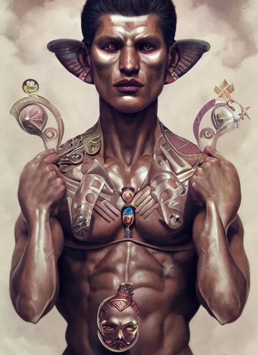 Image similar to portrait of a macho aztec god, by bogdan rezunenko and denys tsiperko and tom bagshaw, hyperrealism