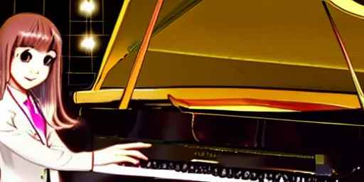 Prompt: kaede akamatsu, a japanese young woman, playing the piano to an adoring crowd, blonde hair with an ahoge and side bangs, expert pianist, beautiful scene, concert photography, recital