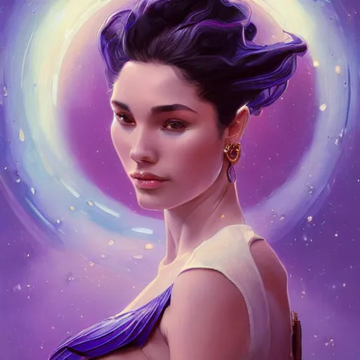 Image similar to Portrait of very very very very very very beautiful Latina woman, spacesuit, purple eyes, intricate, elegant, highly detailed, digital painting, artstation, concept art, smooth, sharp focus, illustration, art by artgerm and greg rutkowski and alphonse mucha