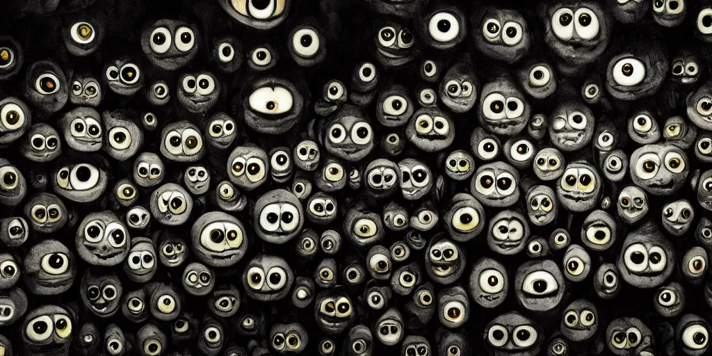 Image similar to a dark cave full of reflective eyes, wide shot, horror movie, national geographic, monsters