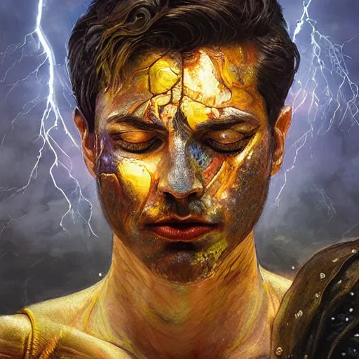 Image similar to portrait of zeus starring into the camera, fixed eyes, lightning environment, melted paint, melting, surreal, dramatic lighting, face, detailed, intricate, elegant, highly detailed, digital painting, artstation,, concept art, smooth, sharp focus, illustration, art by sam spratt, dan mumford, artem demura and alphonse mucha