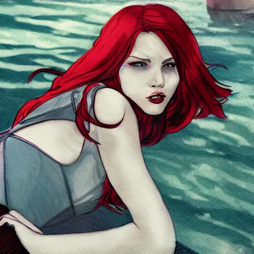 Image similar to a beautiful comic book illustration of a vampire woman with long red hair laying near a lake at night by Alex Maleev, featured on artstation