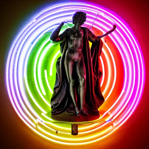 Prompt: a renaissance statue surrounded by a 3 d neon circle, black background, ray tracing, 8 k resolution, sharp focus, hyper detailed