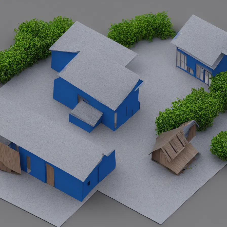 Image similar to architectural model, isometric view, 3 d render, studio lighting, wood and paper, low contrast, dark background, highly detailed, house, courtyard, tree, blue