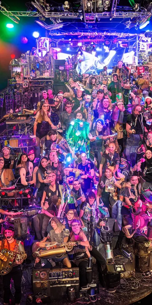 Image similar to a selfie of happy people at an outdoor festival stage with audience, on stage is a rockband with 3 steampunk robots with guitars and drums, center of the stage is a big steampunk generator, laser show, 8 k, fluorescent colors, halluzinogenic, multicolored, exaggerated detailed, unreal engine, 8 0 mm lens