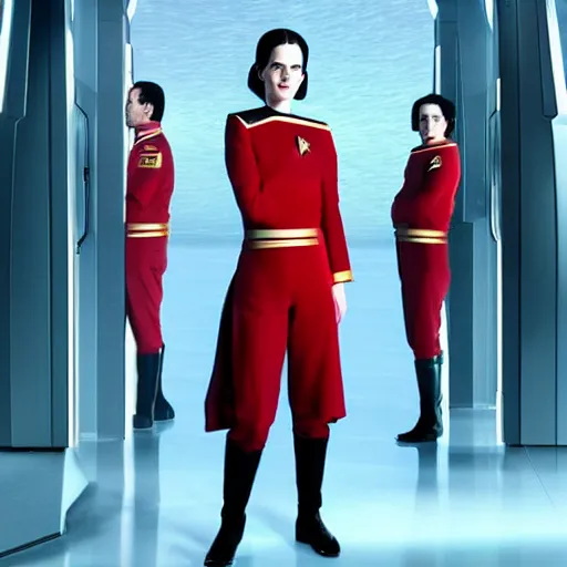 Image similar to a beautiful full body photograph of younger eva green as a star fleet officer from star trek next generation, extreme realism and detail, 8 k, completely framed, direct lighting, 3 5 mm photo, photorealistic, sharp focus