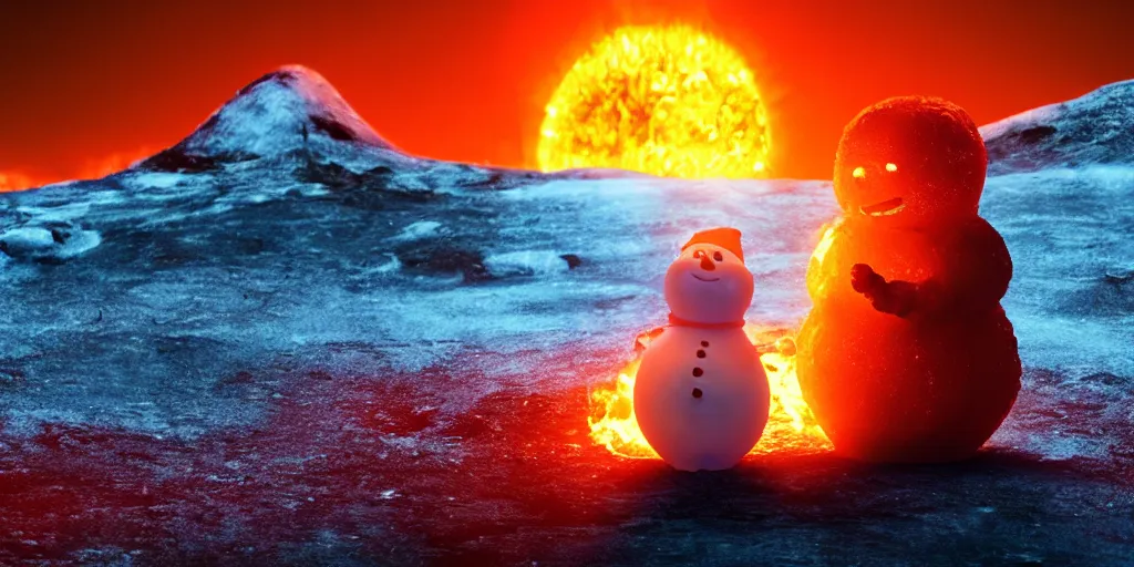 Image similar to a melted glowing snowman melting on top of the sun. the ground is made of fire and lava and is glowing orange. cinematic, dramatic, epic, volumetric lighting, atmospheric, red, orange extremely coherent, 8 k, space, warm, solar flare, blade runner 2 0 4 9