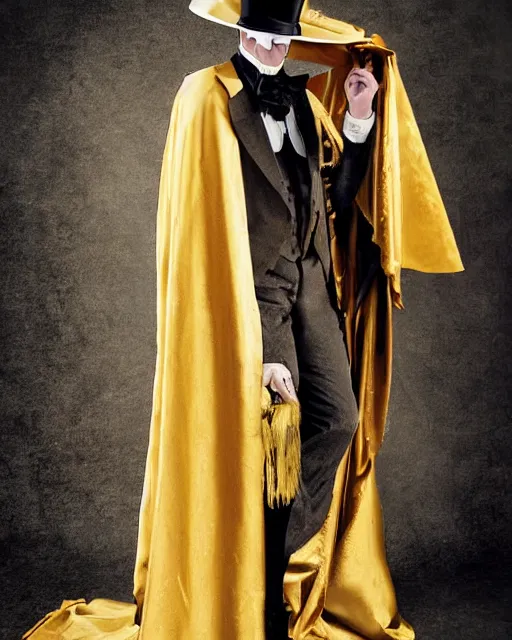 Prompt: Tall, elegant, Coyote man, has yellow wolf eyes, a long beautiful tail, long coyote like ears, He is dressed Victorian era style, wearing a Top Hat and cape, highly realistic, photoreal, photograph in the style of Annie Leibovitz, Studio lighting