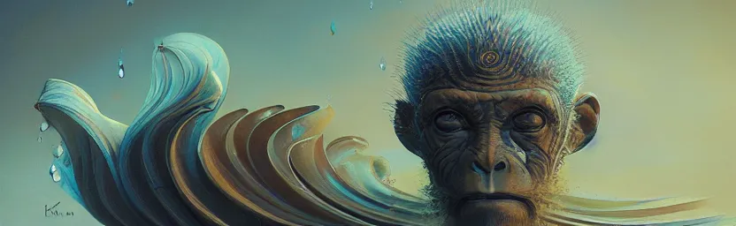 Image similar to sacred monkey, acanthus scroll, ceremonial clouds, dripping paint, fibonacci rhythm, artstation, art germ, wlop, karol bak, christopher balaskas, ross tran