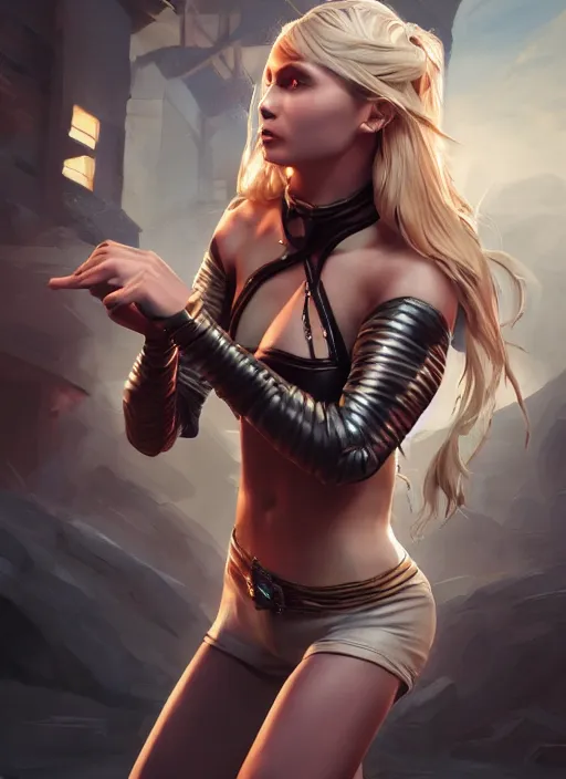 Image similar to An epic fantasy comic book style portrait painting of an athletic blonde female thief dancing, unreal 5, DAZ, hyperrealistic, octane render, cosplay, RPG portrait, dynamic lighting