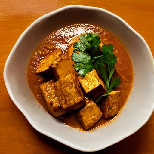 Prompt: tofu rendang curry, michelin starred restaurant, food photography