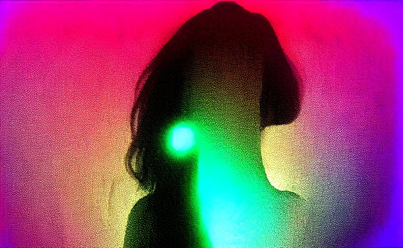 Prompt: vhs glitch art portrait of a glow frightened woman hidden underneath a sheet, lost in static, metaphysical foggy environment, static colorful noise glitch volumetric light, by bekinski, unsettling moody vibe, vcr tape, 1 9 8 0 s analog video, vaporwave aesthetic, directed by david lynch, colorful static, datamosh, pixeled stretching