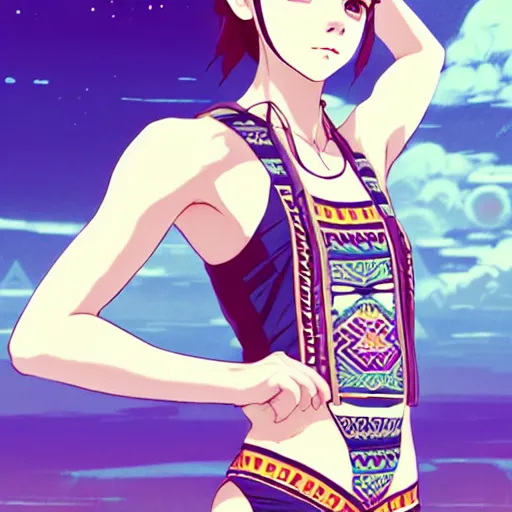 Image similar to a beautiful boyish emma watson alluring instagram model, wearing japanese hiphop aztec leotard outfit with mayan pattern and native style, aztec street fashion bathing suit, botw style, gapmoe yandere grimdark, trending on pixiv fanbox, painted by greg rutkowski makoto shinkai takashi takeuchi studio ghibli, akihiko yoshida