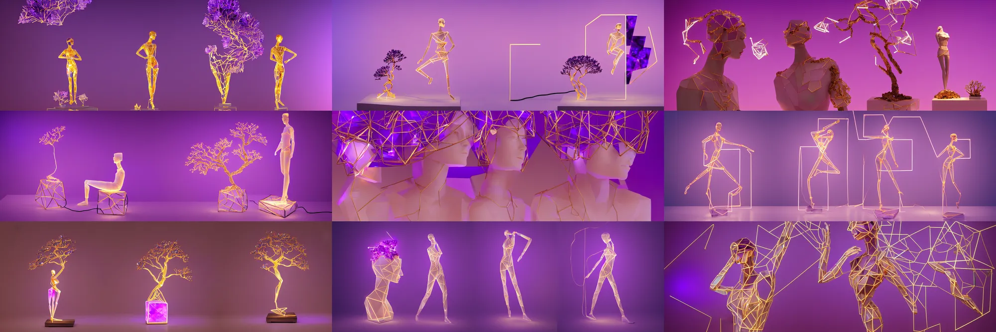 Prompt: beautiful mannequin sculpted out of amethyst by billelis + lit with geometric neon + kintsugi, facing a doorway opening with neon pink geometric fractal light + gold geometric cubed bonsai trees + lighting in background!!, clean linework, dramatic, finely detailed, award winning, 4 k, trending on artstation, photorealistic, volumetric lighting, octane render