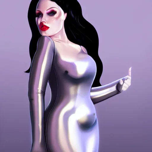 Image similar to a curvy pale goth goddess wearing an elegant modest tight shiny red-silver striped latex high-neck dress, cgsociety, photorealistic, sublime-cool-hot-hyperadvanced-dark ambience, 16k, smooth, sharp focus, trending on ArtStation, volumetric lighting, fully clothed, thin waist