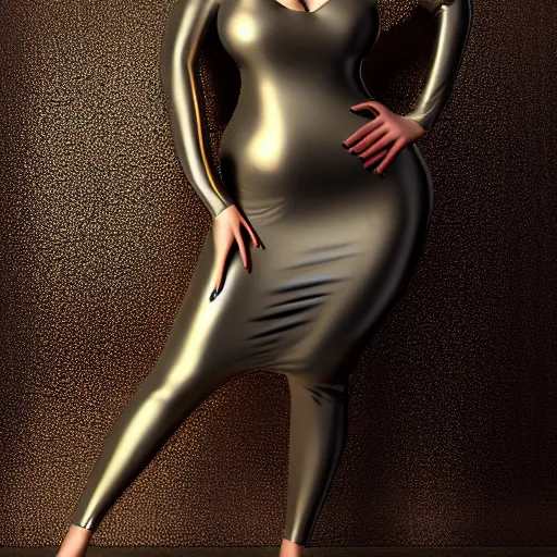 Image similar to a curvy pale hot young goth woman wearing an elegant modest tight shiny gold-silver-black striped latex high-neck dress, cgsociety, photorealistic, sublime-cool-hyperadvanced-dark-amorous ambience, 16k, smooth, sharp focus, trending on ArtStation, volumetric lighting, fully clothed, thin waist