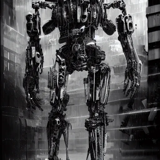Image similar to black and white cyberpunk style dark metal skeleton, mecha hard-surface, hyperrealistic, cinematic, 3D, 8K, imagined by Ash Thorp, tsutomu nihei ghost in the shell akira