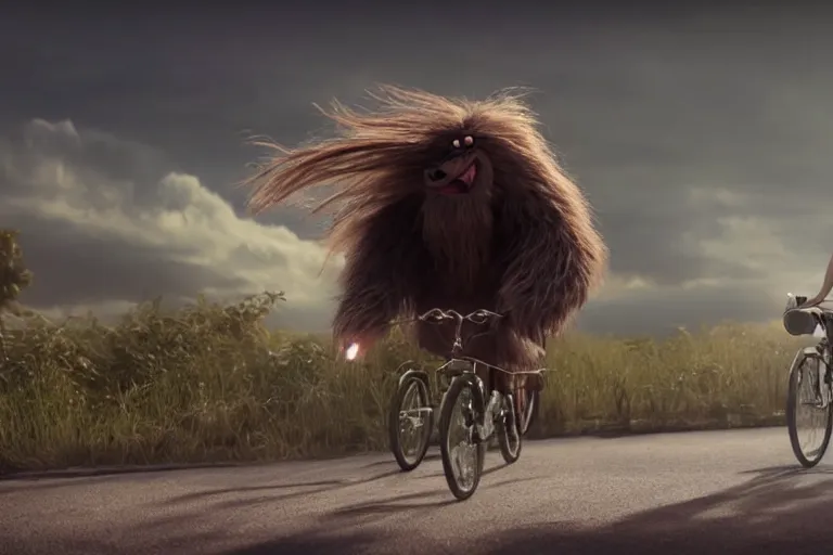 Prompt: a large, long haired monster rides a tiny bicycle, cinematic lighting, highly detailed