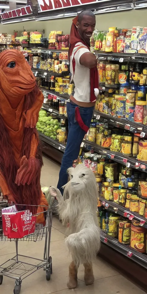 Image similar to jar jar binks shopping at a trader joes,