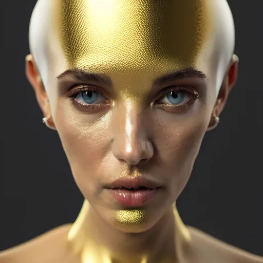 Image similar to complex 3 d render, ultra detailed, beautiful natural light, studio lights, rim light, white studio, fascinating female, 1 5 0 mm lens, golden head piece with solarpunk details, elegant, hyperrealistic, ultra detailed, octane render, h. r. giger style, volumetric lighting, 8 k post - production