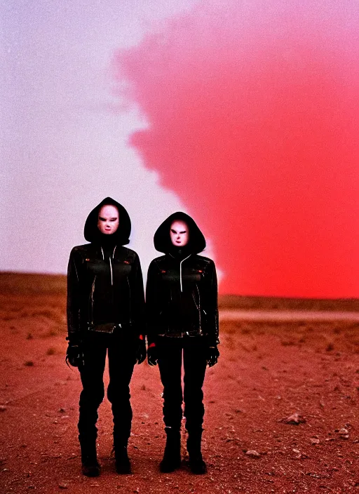 Image similar to cinestill 5 0 d photographic portrait of two loving female androids wearing rugged black techwear on a desolate plain with a red sky, extreme closeup, lizard on ground, cyberpunk style, in front of a brutalist dark metal facility, dust storm, 8 k, hd, high resolution, 3 5 mm, f / 3 2, ultra realistic faces