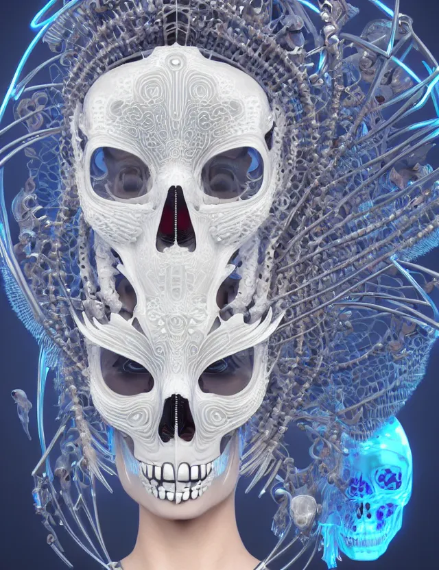 Image similar to 3 d goddess close - up profile simple portrait cybernetic with skull. beautiful intricately detailed japanese crow kitsune mask and clasical japanese kimono. betta fish, jellyfish phoenix, bio luminescent, plasma, ice, water, wind, creature, artwork by tooth wu and wlop and beeple and greg rutkowski