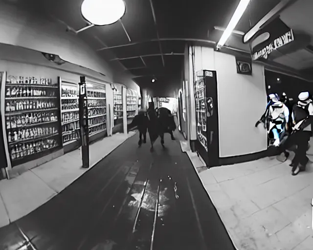 Prompt: cctv footage of stormtroopers robbing a liquor store, black and white, nightshot, fish eye lens, grainy, cdx